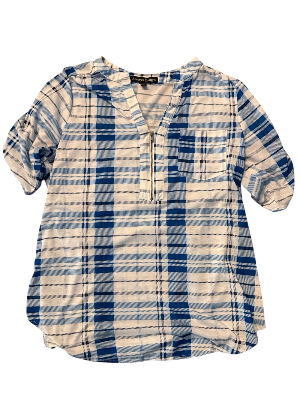 Blue & White Plaid V-Neck zippered Tunic Top
